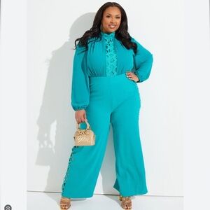 NWOT Teal Wide Leg Crochet Panel Jumpsuit Plus 22W Tall maximalist retro wedding